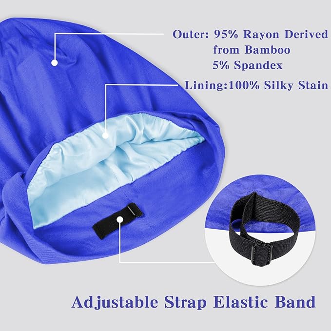 Fittia Satin Hair Bonnet for Sleeping, Silky No Frizzy for Curls Care, Adjustable Strap for Non-Slip, Dreadlocks Cap for Women&Men Dark Blue
