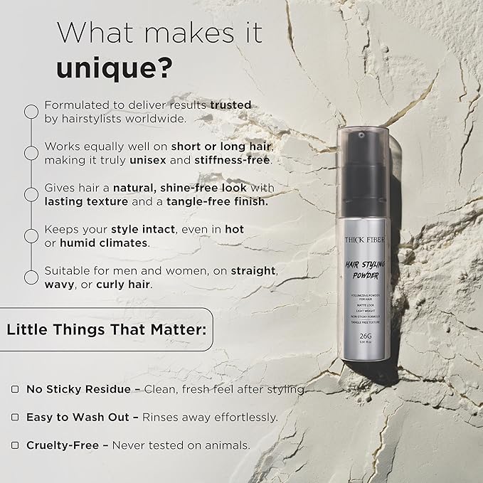 Thick Fiber Hair Styling Powder – Tangle-Free, Non-Sticky, No White Residue – Infused Clay-Based Powder for Volumizing & Texturizing – Matte Finish for Women and Men – Medium Hold – 26g