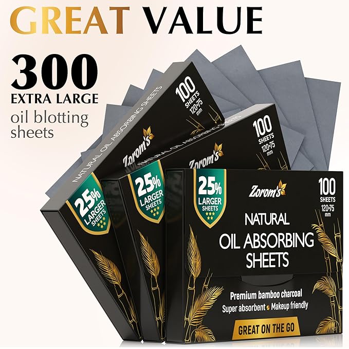 Natural Oil Blotting Sheets for Face with Bamboo Charcoal - 25% Larger - 3pk/300 Makeup Friendly Oil Absorbing Sheets for Face - Easy Dispensing Blotting Papers - Perfect for Keeping in Purse