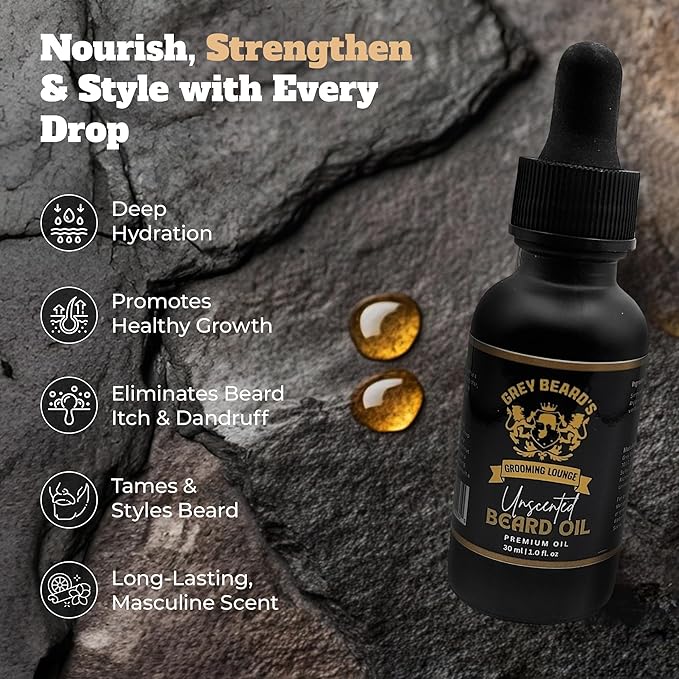 Grey Beard's Grooming Lounge - Unscented Beard Oil for Men 1 fl oz - Natural Leave In Conditioner with Jojoba, Argan and Grapeseed Oils