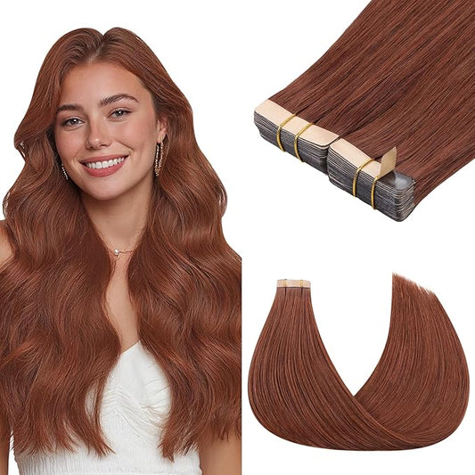 GOO GOO Tape in Hair Extensions Human Hair, #33B Dark Auburn Copper, 22inch 100g 40pcs, Skin Weft Seamless Invisible, Silky Straight with Thick Ends, Remy Human Hair