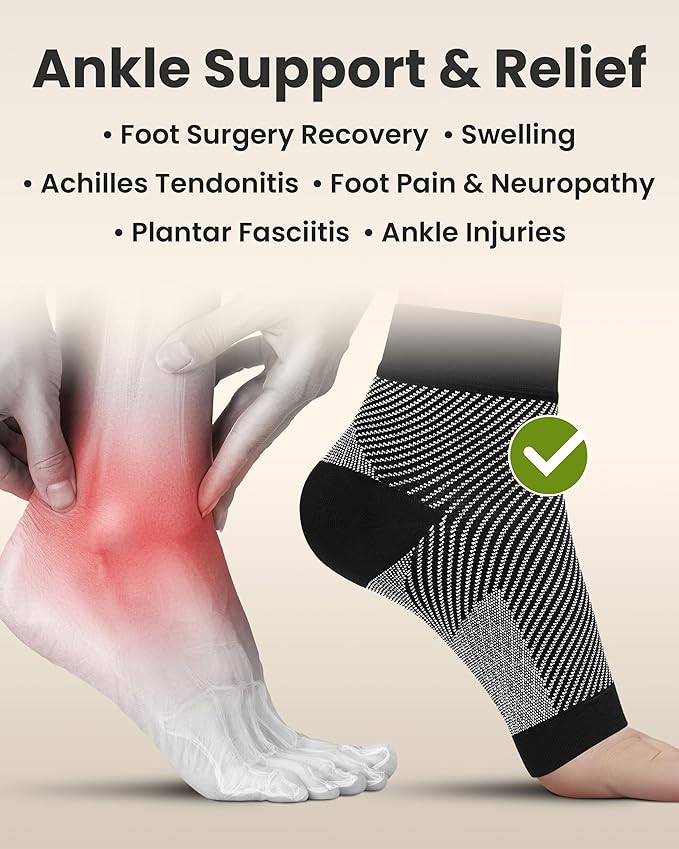 KEMFORD Ankle Compression Sleeve - 1-Pair, Plantar Fasciitis Braces - Open Toe Compression Socks for Swelling, Sprain, Neuropathy, Foot Arch Support for Men and Women - 20-30mmhg, L, Black and White