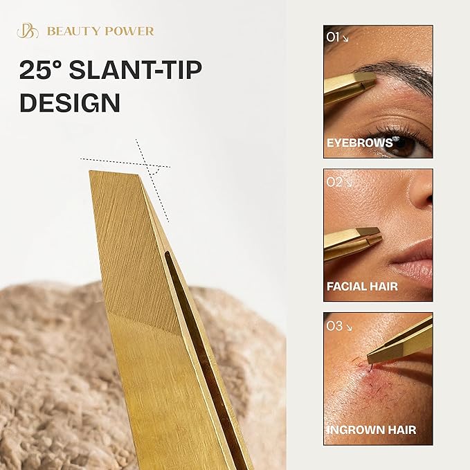 Professional Tweezers in Case - Slant, Durable Lightweight German Stainless Steel, Ultra Precision Tweezers for Eyebrows, Facial Hair, Chin, and Ingrown Hair Removal - Valentine's Gift