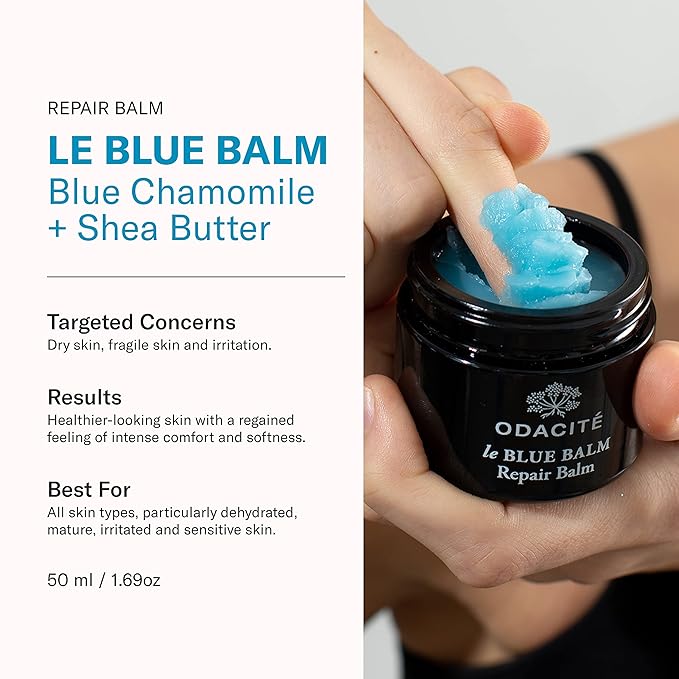 Odacité Le Blue Balm Repair Balm, Blue Chamomile & Shea Butter, Multipurpose Face & Eye Moisturizer for Dry, Mature & Sensitive Skin, Barrier-Supporting Anti-Aging Cream, 1.69 fl oz.