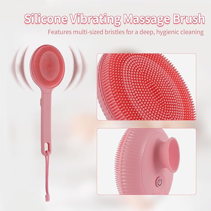 Bella Ciao Vibrating Shower Body & Face Scrubber for Women, 4 Vibrating Modes, Extendable Handle, Detachable Head – Silicone Massage Brush, USB-C Charging, IPX7 Waterproof (Pink)