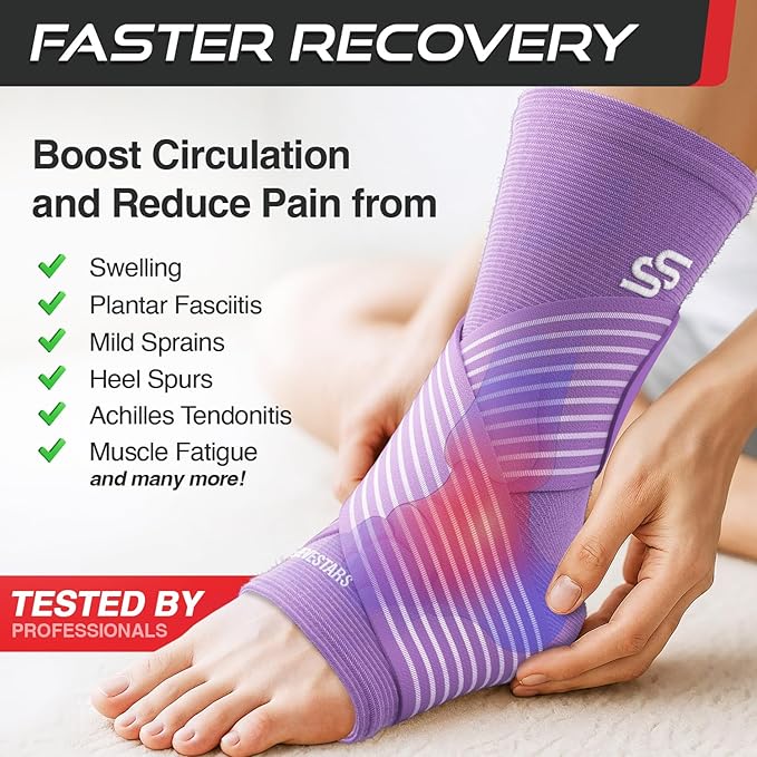 Sleeve Stars Ankle Brace for Women & Men, Ankle Wrap for Sprained Ankle, Compression Sleeve for Plantar Fasciitis Relief, Easy Customizable Support: w/Removable Strap (Single/M:10"-12"/Light Purple)