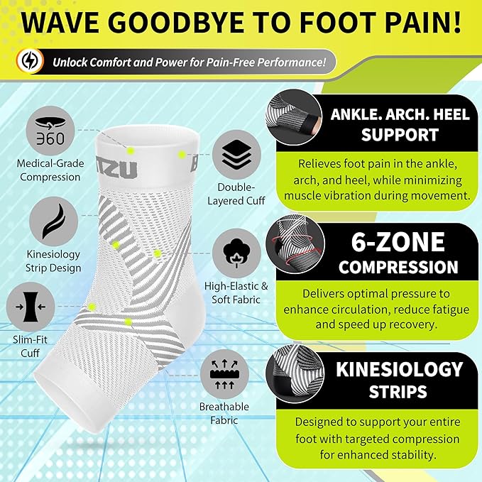 Compression Socks for Plantar Fasciitis, Achilles Tendonitis, Arthritis Relief, Ankle Brace Compression Sleeve with Foot Arch Support, Ankle Wrap for Women, Men, Swelling & Heel Pain White L-XL