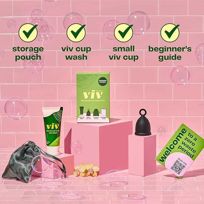 Viv For Your V Premium Soft Menstrual Cups Kit, Flexible Small Period Cup, Pull Tab Ring for Easy Removal, Cleansing Gel Wash, Travel Pouch, Comfortable 12 Hour Wear, Reusable, Medical Grade Silicone