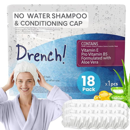 Drench No Water Hair Washing Cap - Waterless Shower Caps with Shampoo and Conditioner - Disposable Rinse Free Wash Aids - Ideal for Elderly and Disabled - Pack of 18