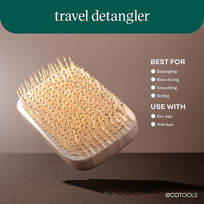 EcoTools Travel Detangler Hairbrush, Gently Detangle & Smooth Hair, Brush For Wet Or Dry Hair, Heat Resistant, Mini Renewable Bamboo Hairbrush For Styling On-The-Go, Vegan & Cruelty-Free, 1 Count