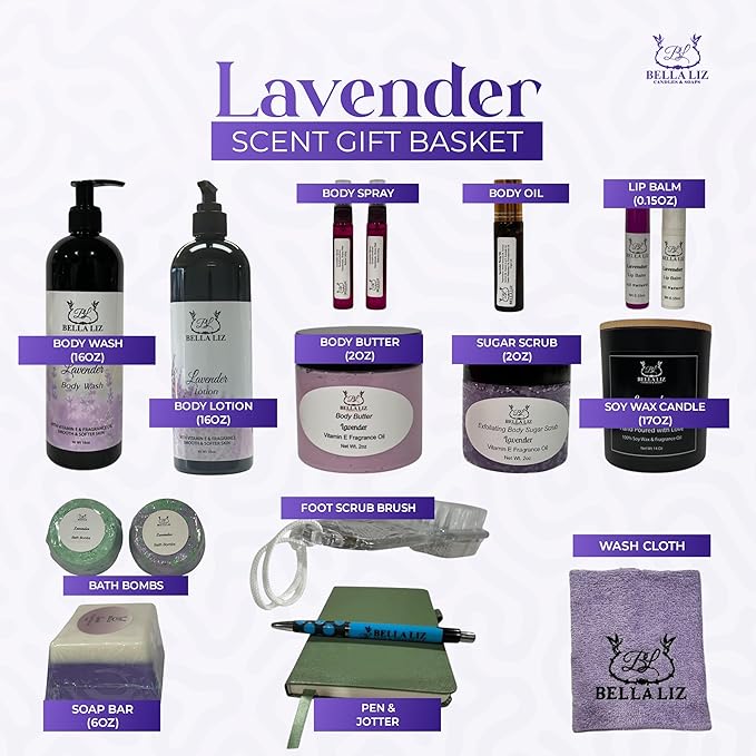 Bella Liz Lavender Gift Set – 14 piece Spa Set with Soy Candle, Handmade Soaps, Body Wash & Lotion, Bath Bombs, Lip Balms, Sugar Scrub, Body Butter & More – Self-Care Gift