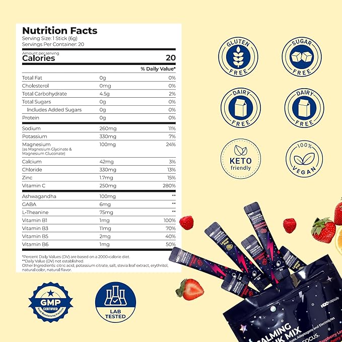 Calm Magnesium Glycinate Powdered Drink Mix with Electrolytes – Sugar Free with Ashwagandha, L-Theanine, Vitamin B 6& GABA – Cortisol Support, Stress Relief, Hydration & Focus - 20 servings (Lemon)