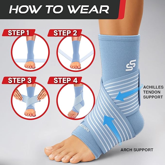 Sleeve Stars Ankle Support for Ligament Damage & Sprained Ankle, Plantar Fasciitis Support & Achilles Tendonitis Pain Relief, Ankle Brace for Women & Men w/Compression Ankle Strap (Single/Light Blue)