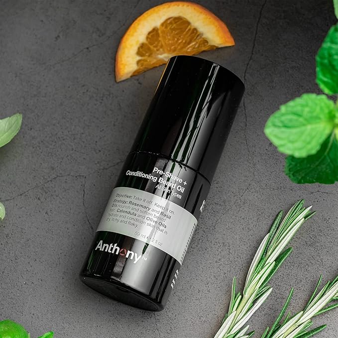Anthony Pre-Shave and Conditioning Beard Oil, 2 Fl Oz, Contains Rosemary, Basil, Olive and Calendula Oils, Hydrates, Softens, Nourishes, and Conditions Skin