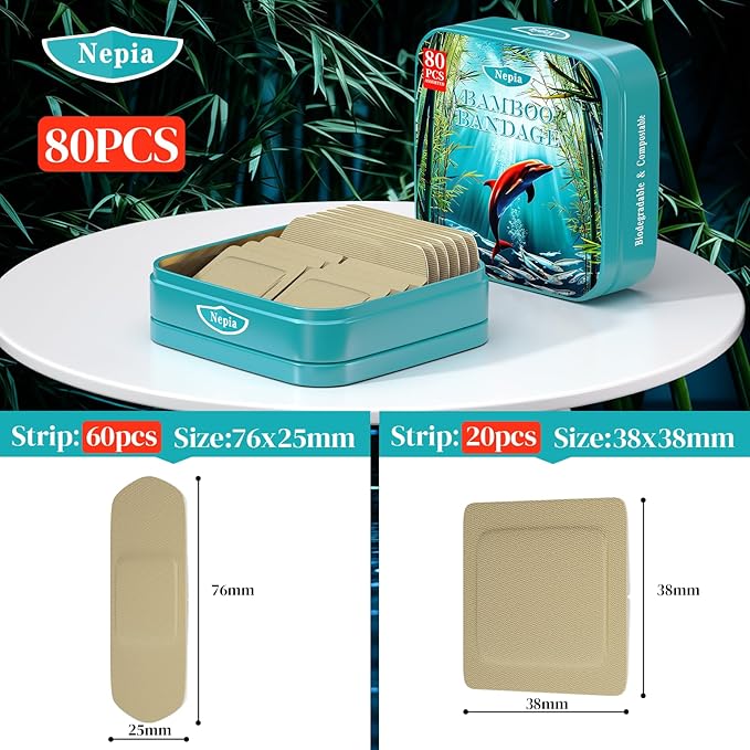 Nepia Hypoallergenic Bamboo Fabric Assorted Shapes Bandages | PFAS Free & Latex Free | Eco Friendly Compostable Bandaids for Sensitive Skin & Scrapes | Flexible Fabric Family Pack (80 Count)