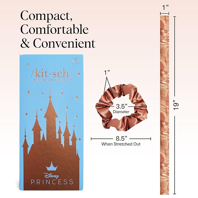 Disney & Kitsch Satin Heatless Hair Curler Set - Heatless Curls Overnight with Hair Curler & 2 Satin Scrunchies - Hair Curlers to Sleep in for Overnight Curls - Overnight Blowout Rods - Princess Party