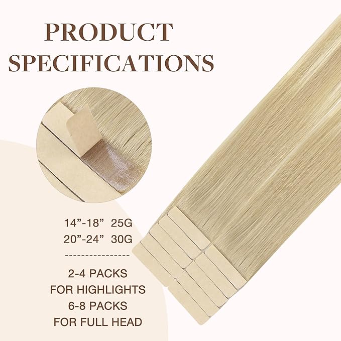 GOO GOO Tape in Hair Extensions Human Hair, 18ET90A Natural Blonde Balayage, 14inch 25g 10pcs, Skin Weft Seamless Invisible, Silky Straight with Thick Ends, Remy Human Hair