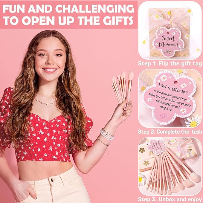 Valentines Day Gifts for Tween & Teen Girls - 8 PCS Birthday Gift Basket Teenage Girl Gifts Trendy Stuff w/ Fun Task Tags Makeup Brushes & Bag, Empower Positive Wrapped Gift Box for Daughter Niece