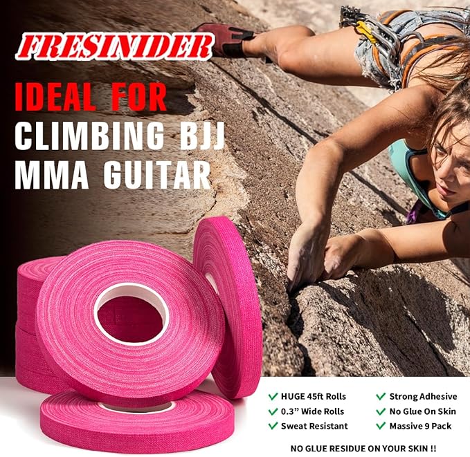 FRESINIDER Finger Tape - Strong Athletic Tape | 0.3” x 45 Feet (9 Pack) Tin Set | No Sticky Residue | for Rock Climbing, BJJ Jiu Jitsu, Grappling, Judo, MMA, Rock Climbing and Martial Arts (Pink)