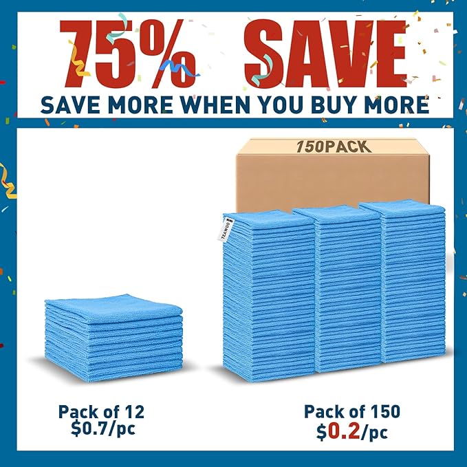 Microfiber Towels Bulk-150 Pack, Cleaning Cloths, Microfiber Towels for Cars, Cleaning Rags Blue (12x12 inches)