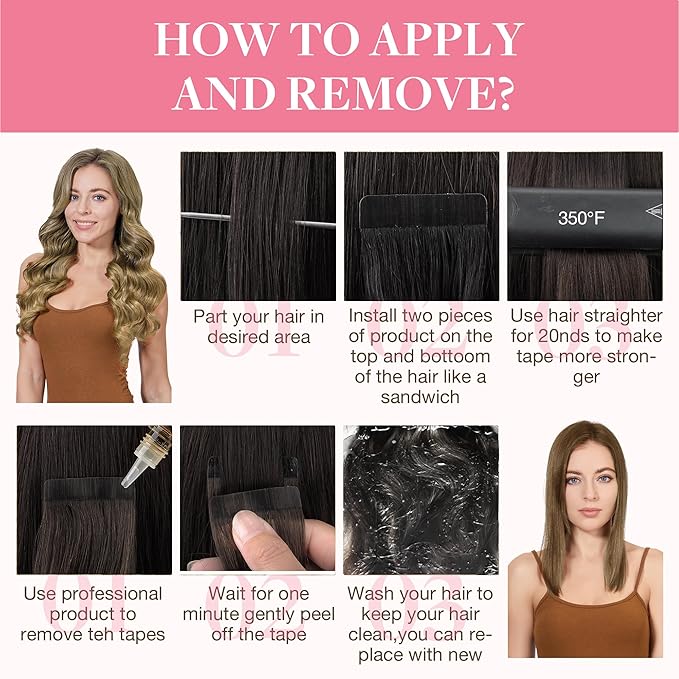 GOO GOO Tape in Hair Extensions Human Hair, 7 Bronde, 16inch 50g 20pcs, Skin Weft Seamless Invisible, Silky Straight with Thick Ends, Remy Human Hair