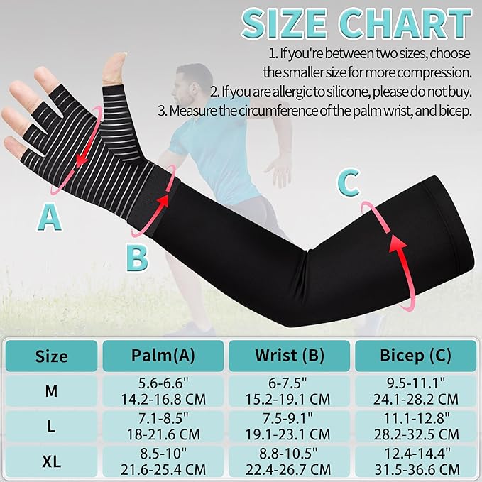Copper Long Compression Arthritis Glove with Wrist Strap (1 Pcs), 20-30 mmHg Lymphedema Compression Arm Sleeve with Gauntlet, Fingerless Graded Pressure Full Arm and Hand Support for Men Women