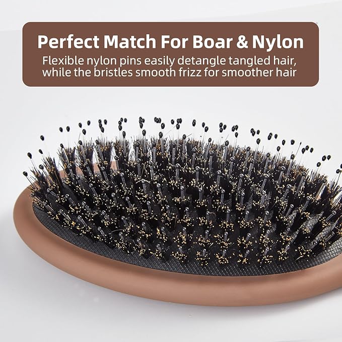 Boar Bristles Hair Brush for Women and Men, Detangling Hair Brush for Smoothing Massage Add Shine, Nylon&Boar Bristles Detangler brush for Hair Healthy (1 Pack-Mocha)