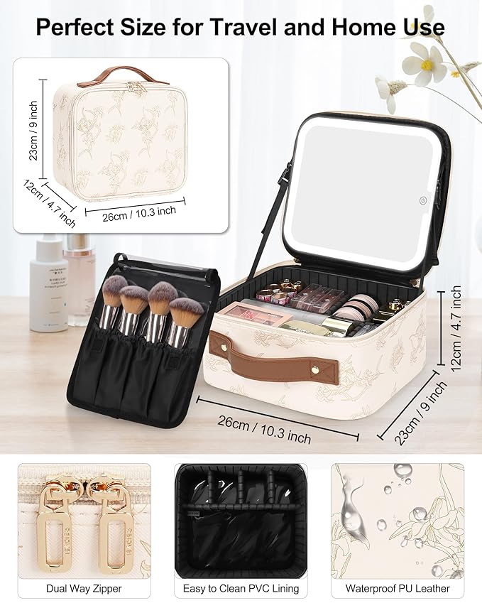 Relavel Travel Makeup Bag With LED Mirror, Portable Cosmetic Organizer Bag with Adjustable Brightness in 3 Color Scenarios, Small Train Case with Detachable Dividers for Trip- Lily Flower