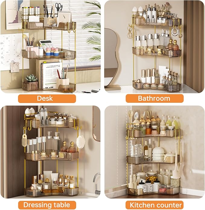 3-Tier Corner Bathroom Counter Organizer，Makeup & Skincare Shelf with Built-in Brush Holder，Space-Saving Bathroom Countertop Organizer for Skincare, Perfume, Cosmetics(Green)