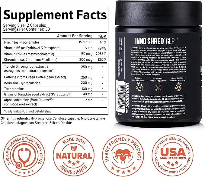 InnoSupps Inno Shred™ GLP-1 | Thermogenic Support + Appetite Support + Energy* | Berberine + Chromium | 60 Capsules. 30 Servings.
