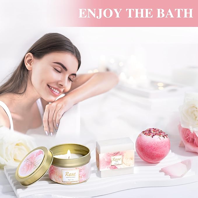Gifts for Women, Happy Birthday Gifts for Women, Mothers Bath and Body Gift for Woman with Unique Rose Self Care Gift, Home Spa Gift Basket for Mom, Girlfriend, Sister, Female Friends, Coworker
