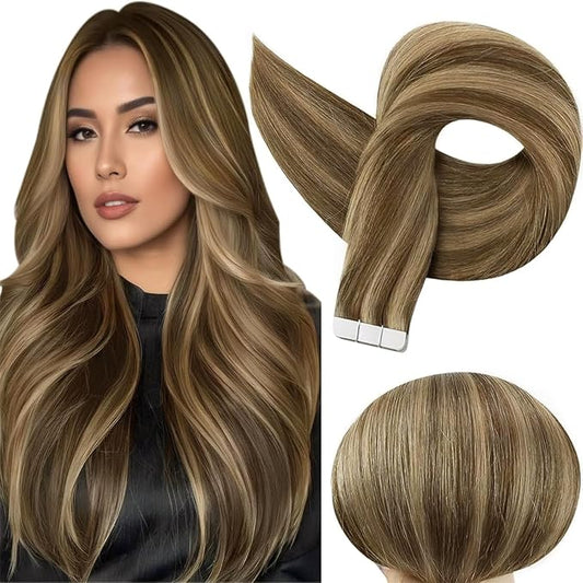 Full Shine Tape in Hair Extensions Human Hair 16 Inch Color 4 Brown Highlighted 27 Blonde Invisible Skin Weft Tape Extensions Adhesive Extension 50 Gram 20Pcs PU Tapes Natural Straight for Women