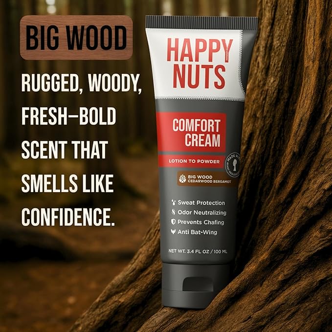 Happy Nuts Comfort Cream Deodorant For Men: Anti-Chafing Sweat Defense, Odor Control, Aluminum-Free Mens Deodorant & Hygiene Products for Men's Private Parts 3.4 Fl Oz (1 Pack), Big Wood
