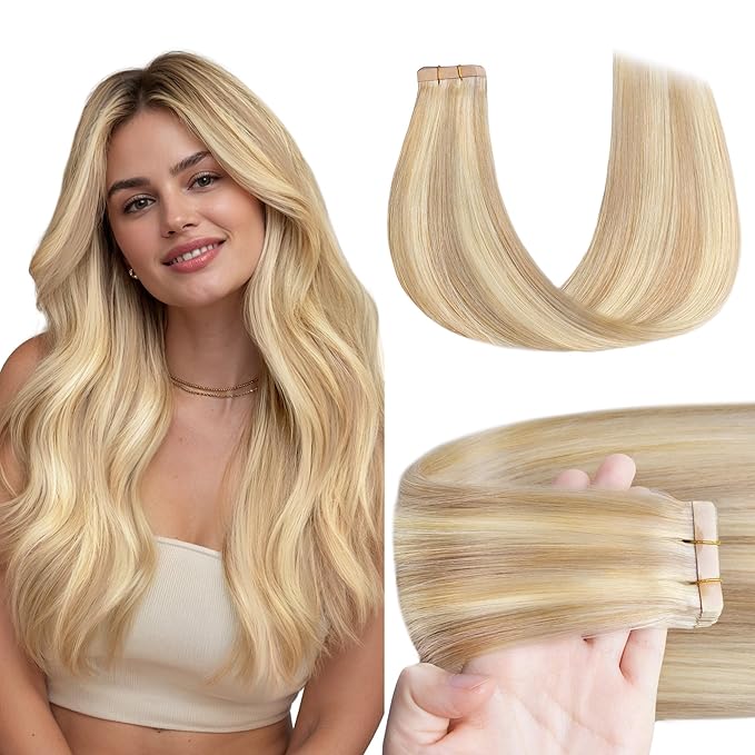 GOO GOO Tape in Hair Extensions Human Hair, 18F/60A Balayage Light Wheat Platinum Blonde, 20inch 50g 20pcs, Skin Weft Seamless Invisible, Silky Straight with Thick Ends, Remy Human Hair