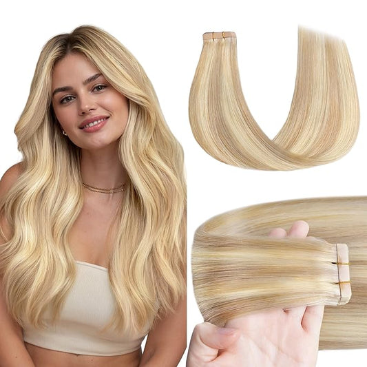 GOO GOO Tape in Hair Extensions Human Hair, 18F/60A Balayage Light Wheat Platinum Blonde, 20inch 50g 20pcs, Skin Weft Seamless Invisible, Silky Straight with Thick Ends, Remy Human Hair