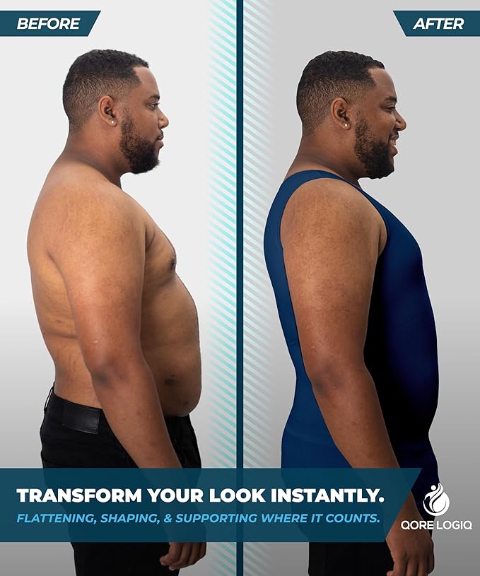 QORE LOGIQ Gynecomastia Compression Shirts for Men - Sleeveless Slimming Undershirts Tummy Control and Body Shaper Tank Top