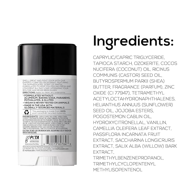 MARLOWE. No. 024 Deodorant 2.5 oz, Jojoba Esters, Coconut Oil, Shea Butter & Tapioca Starch for Odor Protection, Formulated without Aluminum & Baking Soda, Warm & Spicy Santal Scent