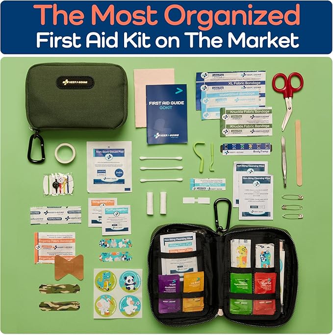 Keep Going Travel First Aid Kit for Kids – 130 Pc. for Car, Purse, Diaper Bag, Backpack, & Suitcase, with Latex-Free Bandages – 7 x 5 x 2 in. Travel First Aid Kit TSA-Approved