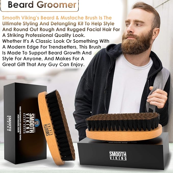 Smooth Viking Beard and Facial Hair Grooming Set - Natural Boar Bristle Brush, Mustache Brush, Styling and Shaping Tool for Men