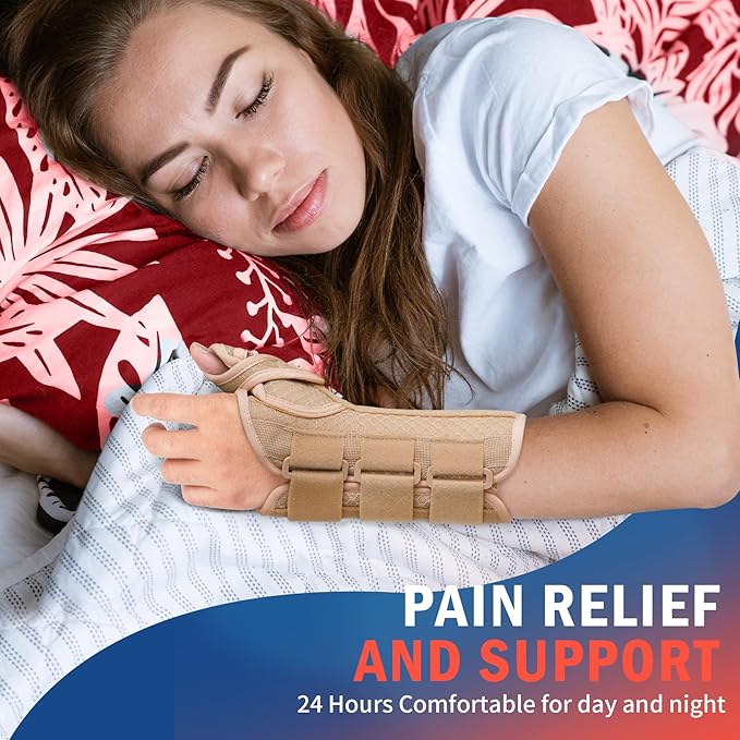 FEATOL Carpal Tunnel Wrist Brace Night Support, Thumb Spica Splint Left Hand for De Quervains Tenosynovitis, Tendonitis, Wrist Brace With Thumb Support-Medium/Large-Women & Men, Beige