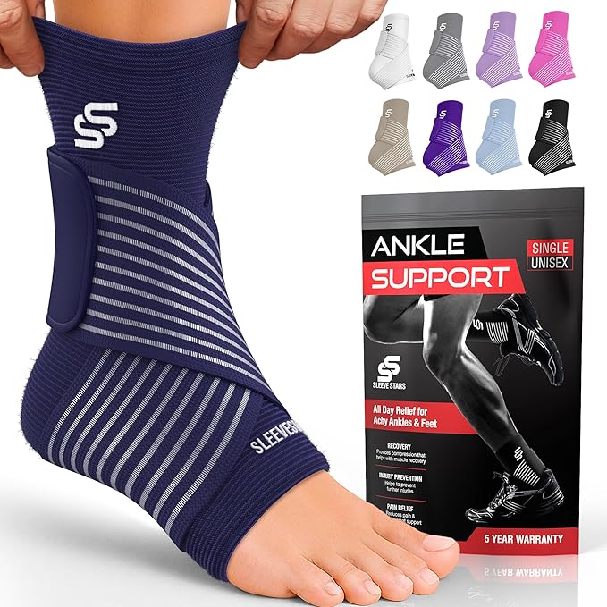 Sleeve Stars Ankle Support for Ligament Damage & Sprained Ankle, Plantar Fasciitis Support & Achilles Tendonitis Pain Relief, Ankle Brace for Women & Men w/Compression Ankle Strap (Single/Navy Blue)