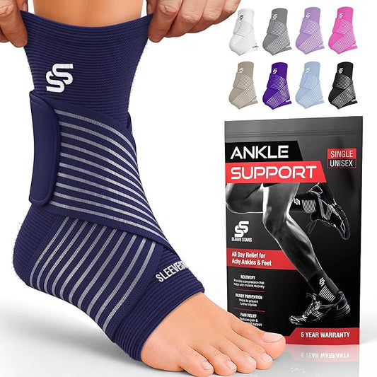 Sleeve Stars Ankle Support for Ligament Damage & Sprained Ankle, Plantar Fasciitis Support & Achilles Tendonitis Pain Relief, Ankle Brace for Women & Men w/Compression Ankle Strap (Single/Navy Blue)