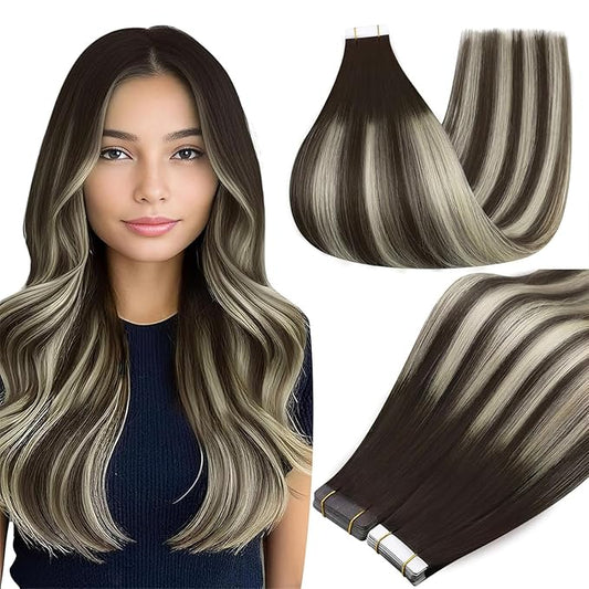 Full Shine Tape in Hair Extensions Color 2/60/2 Brown And Blonde Tape in Extensions 12Inch Real Remy Hair Extensions Seamless Tape ins Human Hair Double Sided Human Hair for Women 30Gram 20Pcs