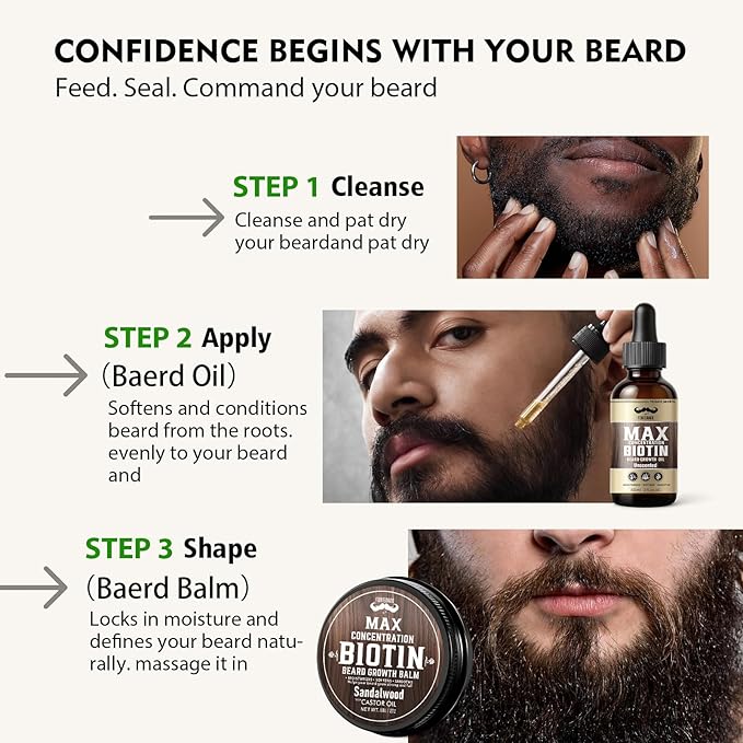 4X Concentration Biotin Beard Kit for Men – Unscented Oil & Sandalwood Balm Set (2 Pack) – Moisturizes, Softens & Promotes Growth – Premium Beard Grooming Gift for Father’s Day or Him