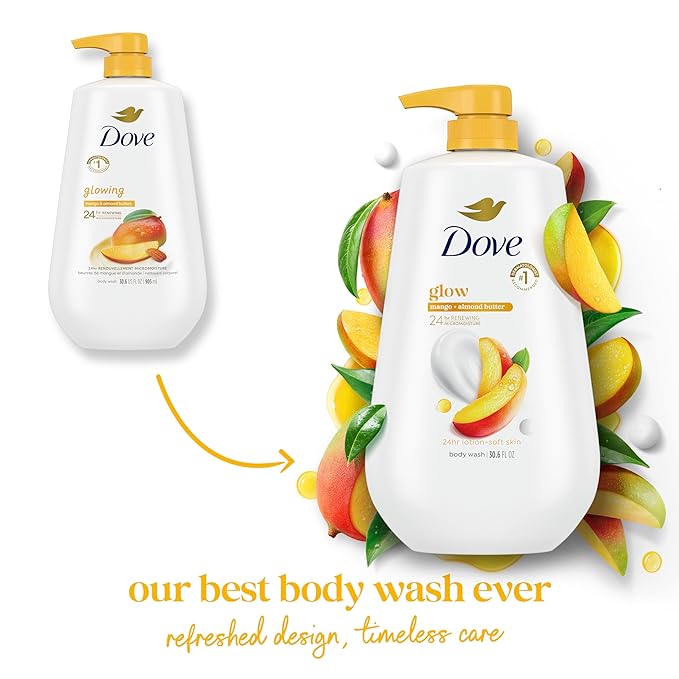 Dove Body Wash with Pump Glow Mango & Almond Butter For 24hr Lotion-Soft Skin Moisturizing Skin Cleanser with No Sulfates No Parabens 30.6 oz