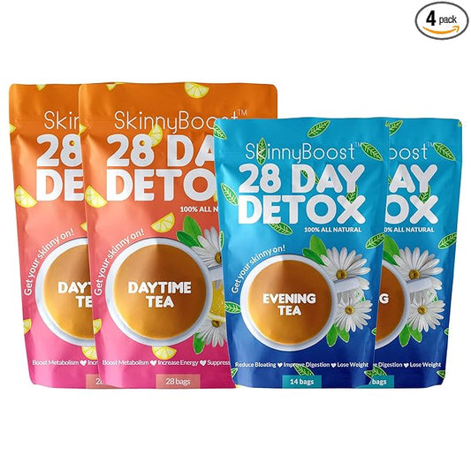 Skinny Boost Detox Tea Kit Slimming Tea for Weight, Metabolism, Energy, Bloating & Colon Cleanse – Green Tea, Herbal, Vegan, Keto, Non-GMO, Sugar-Free-4 PACK –1 Daytime (28 Bags) + 1 Evening -(14 Bags)