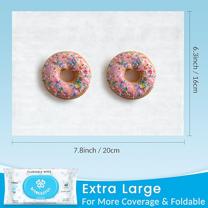 WONDERFUL Flushable Butt Wipes, Unscented 100% Plant-Based Wet Wipes for Adults & Kids, Sewer & Septic Safe, Gentle on Sensitive Skin, Wipes Flushable Pack for Bathroom & Travel, 1-Pack (60 Wipes)