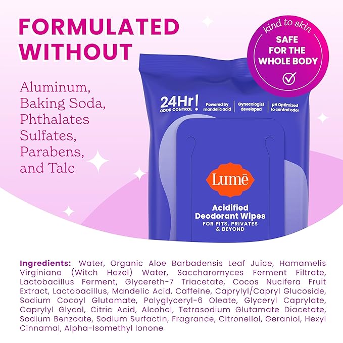 Lume Acidified Deodorant Wipes - 24 Hour Odor Control - Whole Body Deodorant Wipes - Aluminum Free, Baking Soda Free, Skin Loving - Flushable - 45 Count - 2 Pack (Soft Powder)