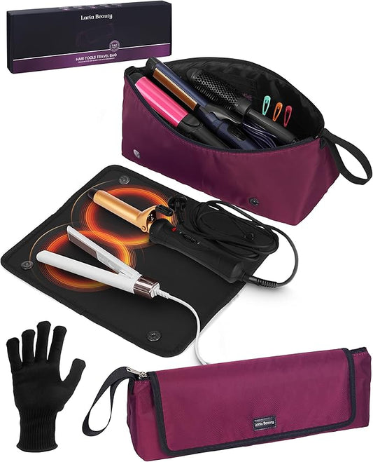 2-in-1 Hot Hair Tools Travel Bag, Removable Heat-Resistant Silicone Mat, Clear Pockets for Accessories, Protects Surfaces from Burns, Ideal for Curling & Flat Irons, Includes Heat-Resistant Glove