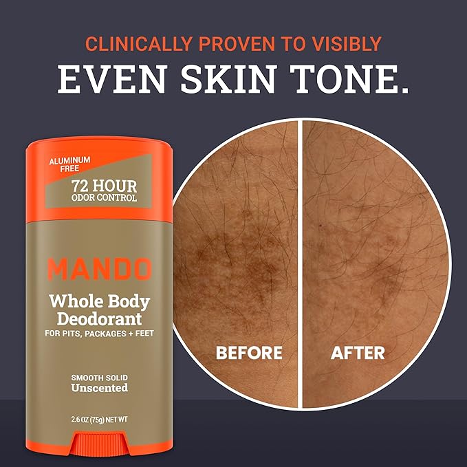 Mando Whole Body Deodorant For Men - Smooth Solid Stick - 72 Hour Odor Control - Aluminum Free, Baking Soda Free, Skin Safe - 2.6 Ounce (Pack of 2) - Unscented